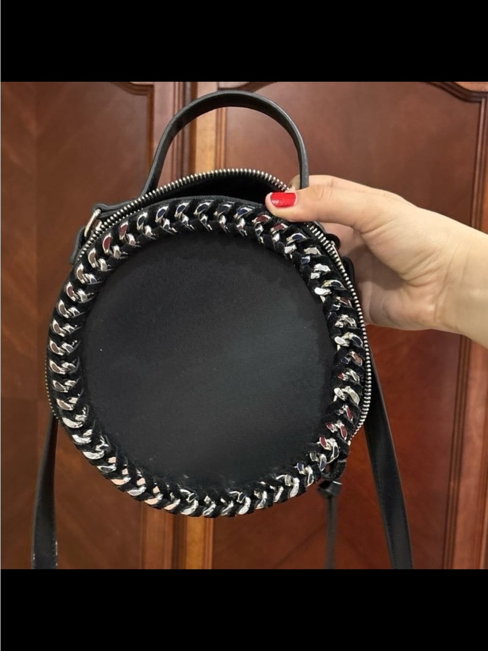 Express Black Round Crossbody Bag with Silver Chain Accent